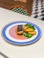 Pesce Castagna,Salsa di Fagioli al Basilico, Patata Arrostita, Cima di Rapa e Cipollotto