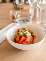 Grilled Marinda Tomatoes and Strawberries, Burrata, Basil and Almonds