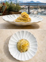 Linguina del Pastificio Caterina mantecato al burro affumicato, cannolicchi freschi e limone candito