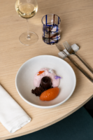 Mousse di Cocco, Ricoperta con Gelato al  Lampone bacche di goji